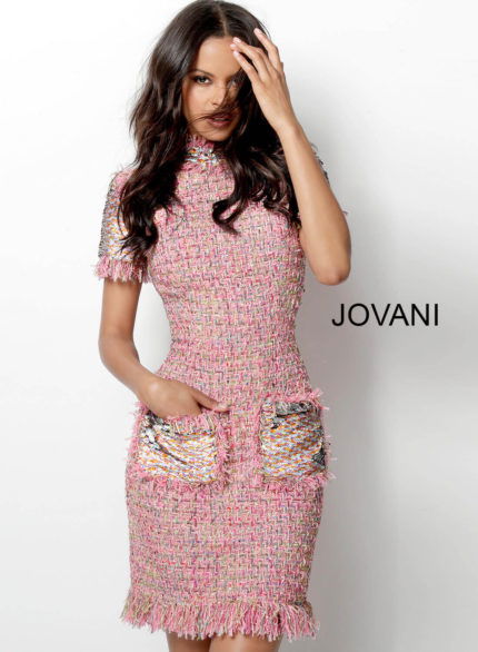 Model wearing Jovani 63219 pink dress with fringe details and pockets.