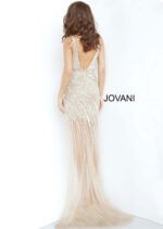 Model displaying backside of Jovani 63405 gold sequined dress with open back
