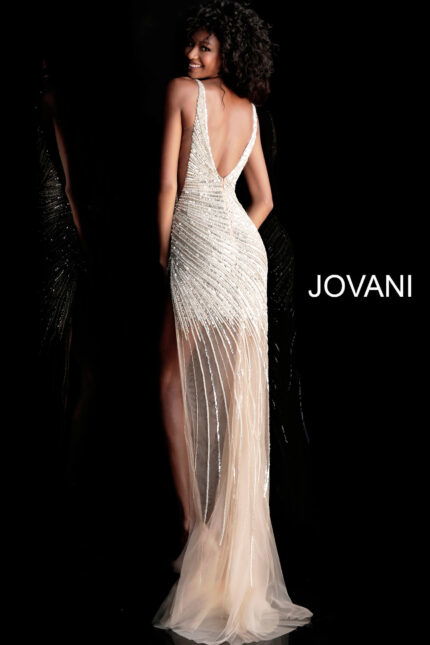 Model showcasing the back of Jovani 63405 gold sequin gown with plunging open back