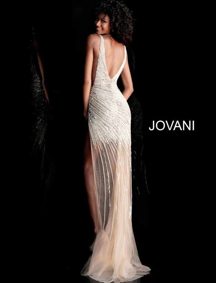 Model showcasing the back of Jovani 63405 gold sequin gown with plunging open back