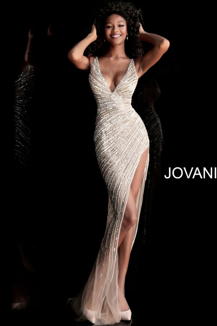 beaded v neckline high slit dress 63405