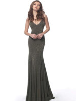 Model wearing Jovani 63563 green gown with elegant silhouette