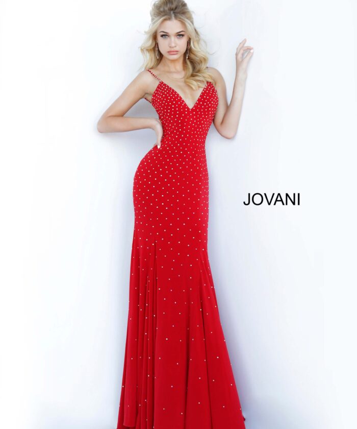 Front view of Jovani 63563 red gown with shimmering embellishments