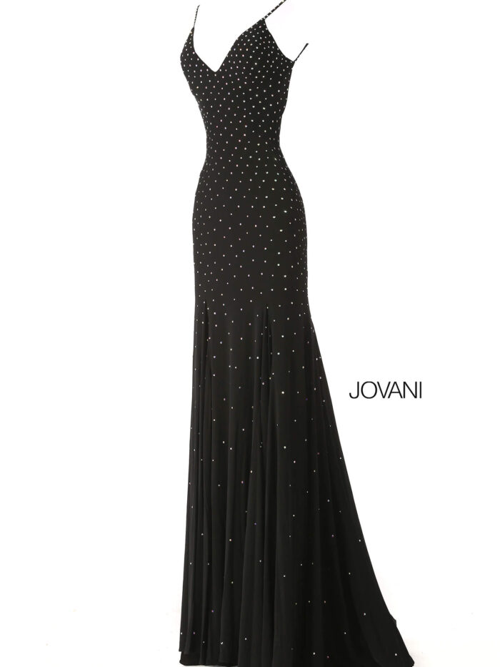 Front view of Jovani 63563 black gown with elegant details