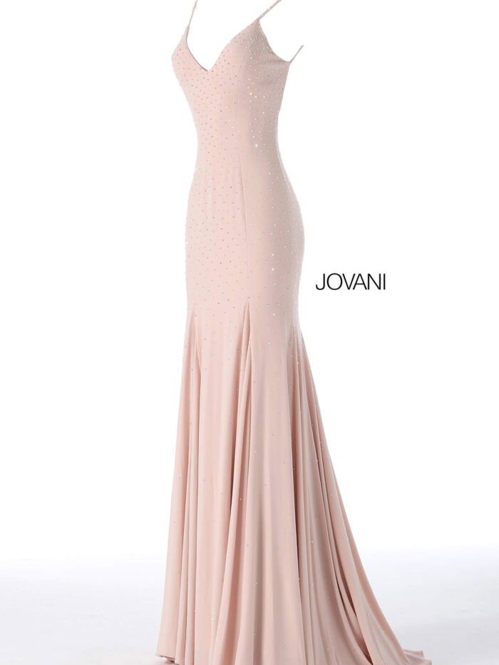 Front view of Jovani 63563 blush gown with delicate embellishments