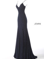 Front view of Jovani 63563 navy gown with elegant detailing