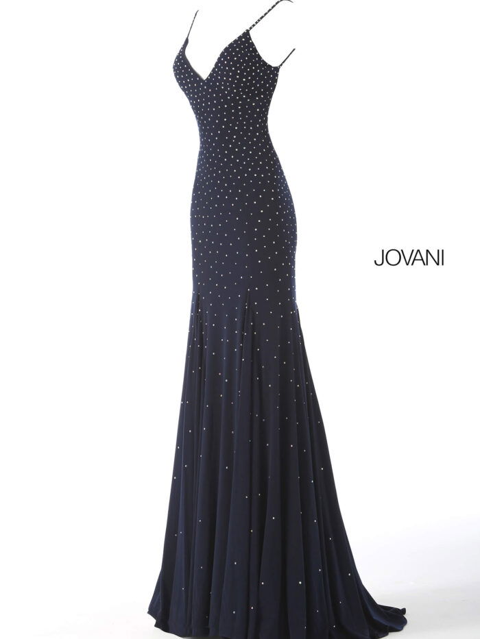 Front view of Jovani 63563 navy gown with elegant detailing