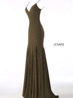 Front view of Jovani 63563 green gown with subtle embellishments