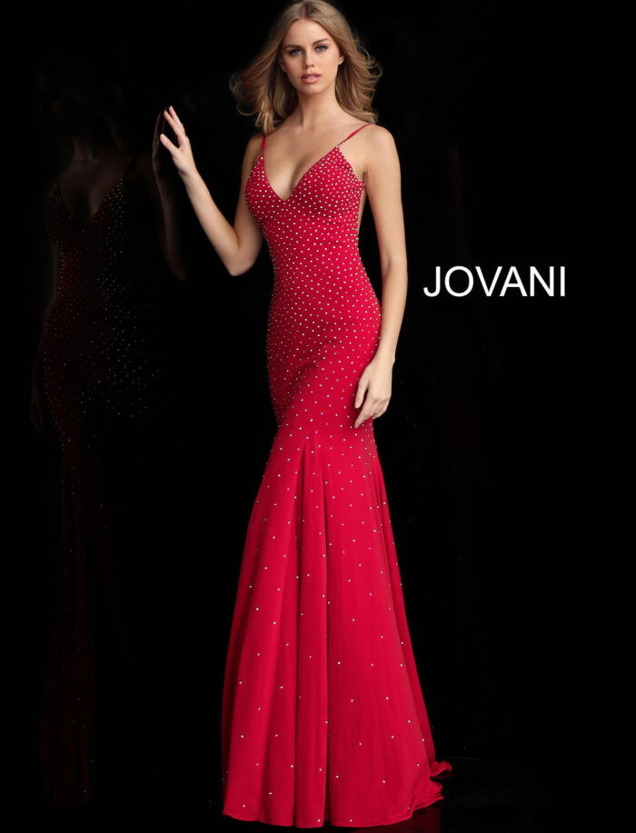 Model wearing Jovani 63563 red dress with plunging neckline