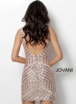 Back view of Jovani 63899 blush sequin mini dress.