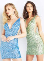 Models in Jovani 63899 blue and green sequin dresses.