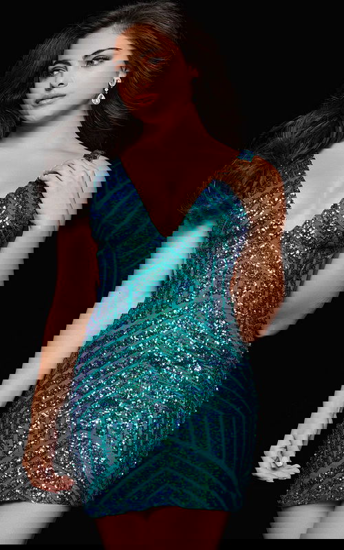 Model wearing Jovani 63899 blue sequin mini dress with deep V-neckline.