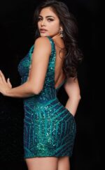 Back view of Jovani 63899 blue sequin mini dress.