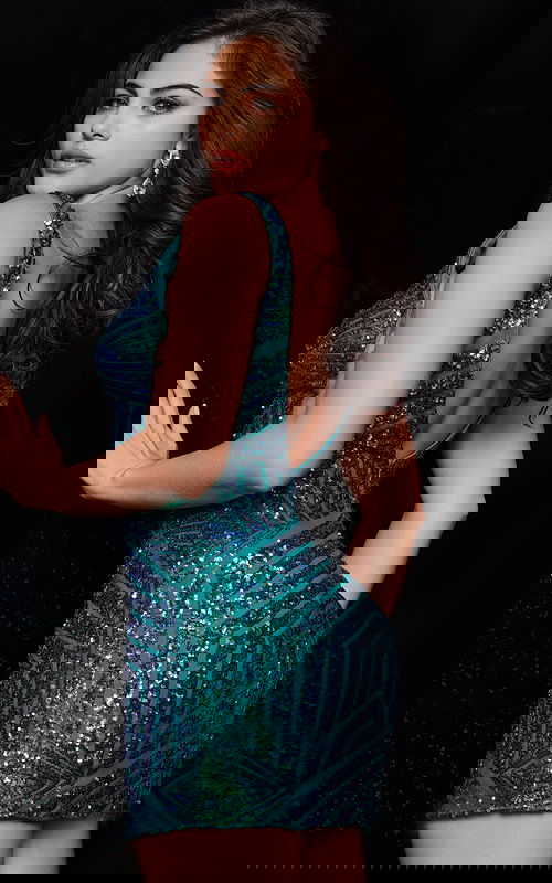 Back view of Jovani 63899 blue sequin mini dress.