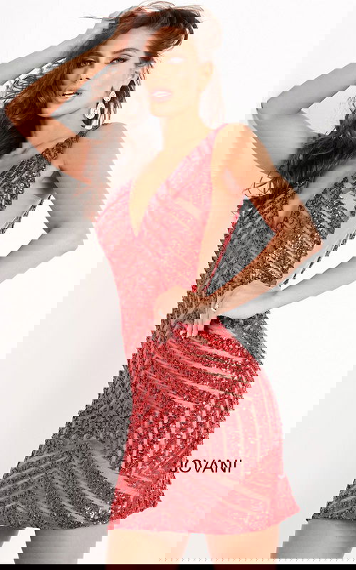Model wearing Jovani 63899 red sequin mini dress, front view.