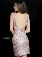 Model wearing Jovani 63899 blush sequin dress, back view.