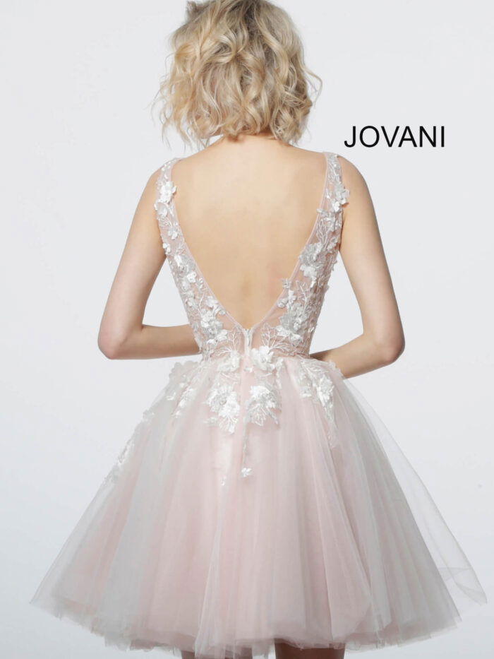 Back view of Jovani 63987 dress showcasing floral applique.