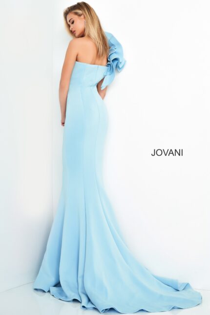 Back view of Jovani 63994 light blue mermaid dress with one-shoulder ruffle.