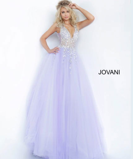 Model wearing Jovani 65379 lilac ballgown with beaded bodice and tulle skirt.