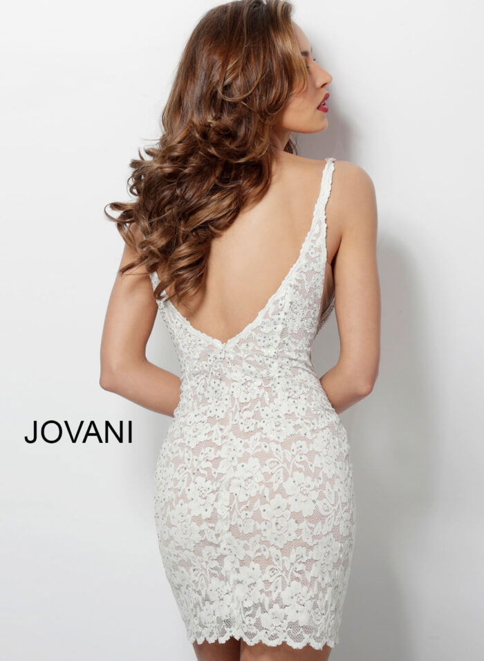 Model wearing Jovani 65576 ivory lace back view