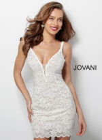 Model wearing Jovani 65576 ivory lace close-up front view
