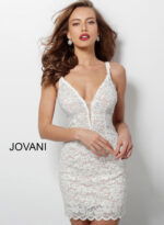 Model wearing Jovani 65576 ivory lace side view