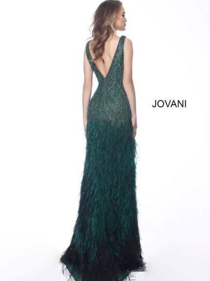 Back view of model in Jovani 66003 emerald gown