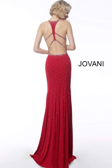 back view of Jovani 67101 red dress with open strappy design