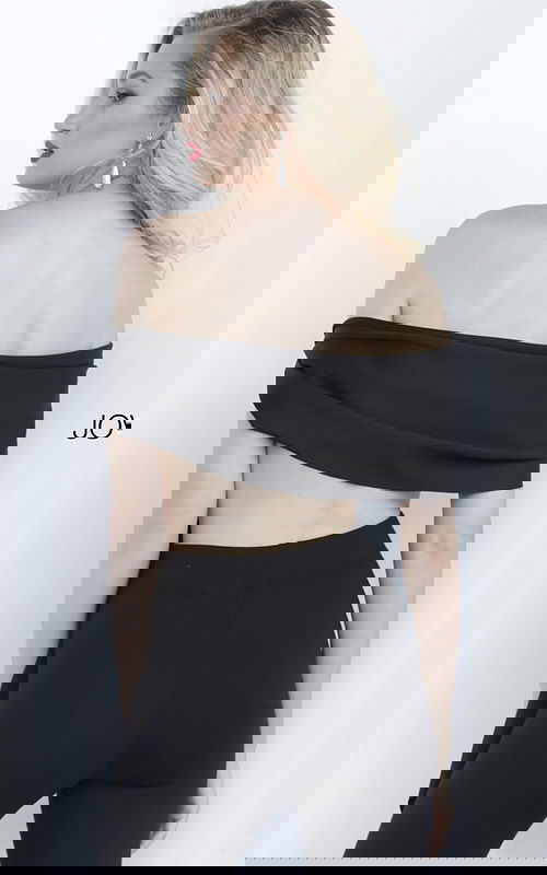 Back view of Jovani 68693 black off-the-shoulder top showcasing draping detail.