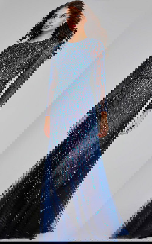 Model wearing Jovani 80807 navy gown, front view with intricate beadwork.