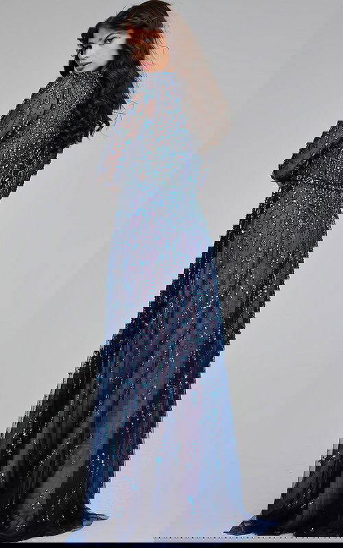 Model wearing Jovani 80807 navy gown, back view with detailed beadwork.