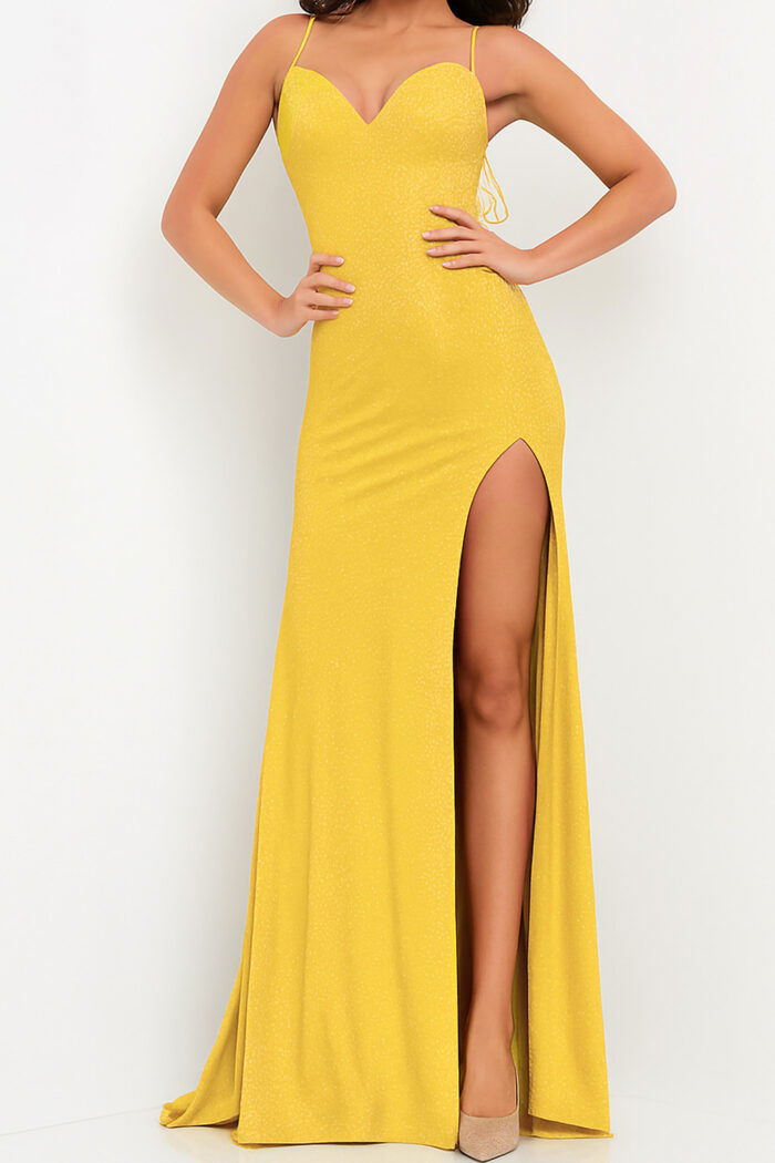 high slit fitted yellow dress 8400