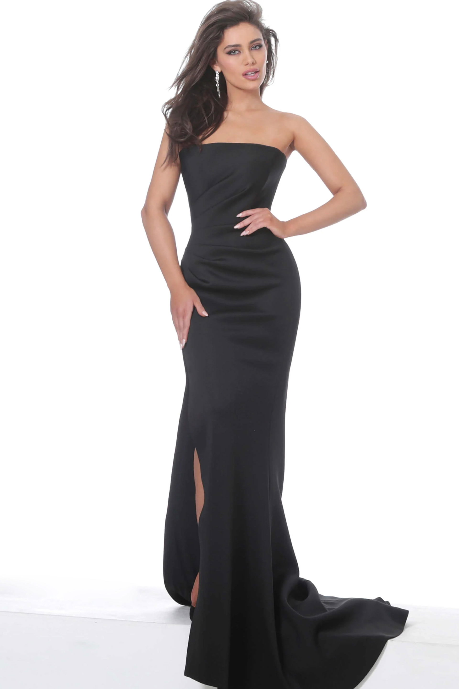 94366-black-jersey strapless high slit dress 94366