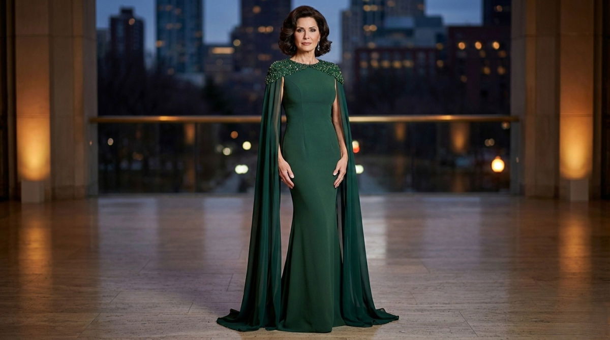 Mature woman in an emerald green Jovani cape gown with beaded shoulders.