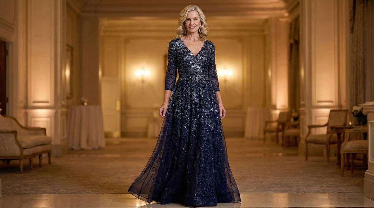 Mature woman wearing a flattering navy blue A-line beaded gown with three-quarter sleeves.