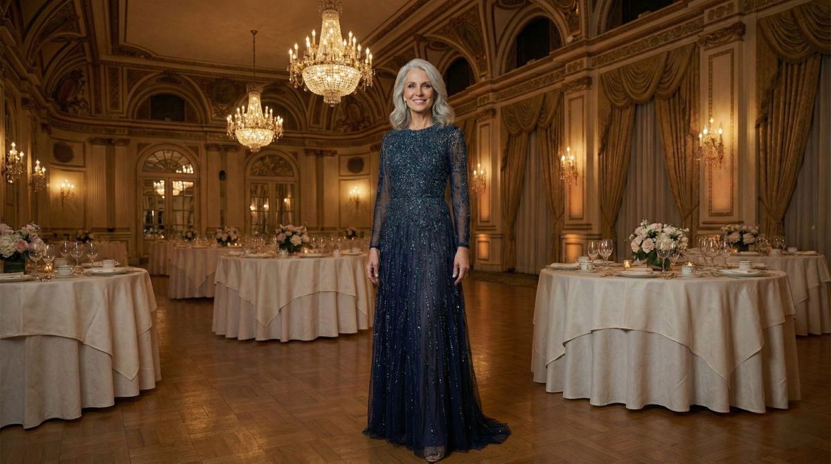 Elegant mother of the bride in navy beaded gown in a ballroom.