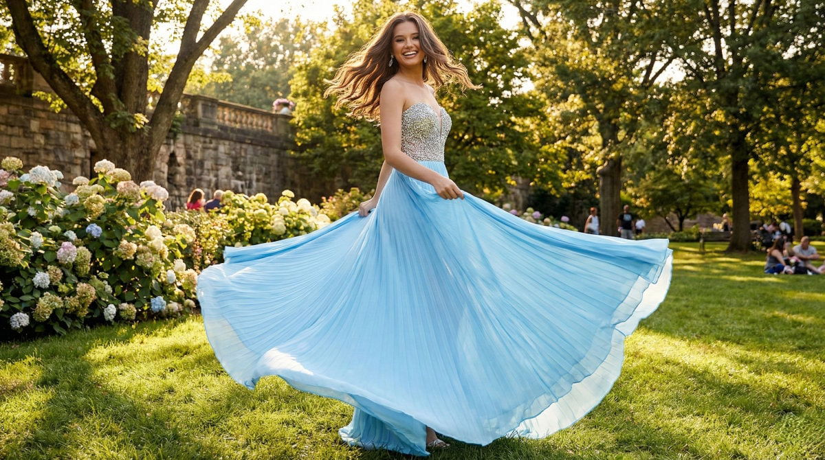 Light blue flowy A line prom dress perfect for pear shaped bodies