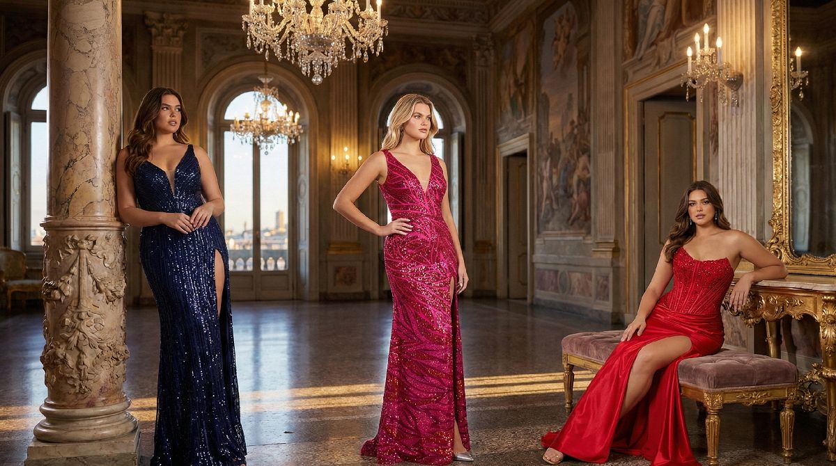 Three plus size models wearing navy, pink, and red sequin formal gowns in a ballroom.