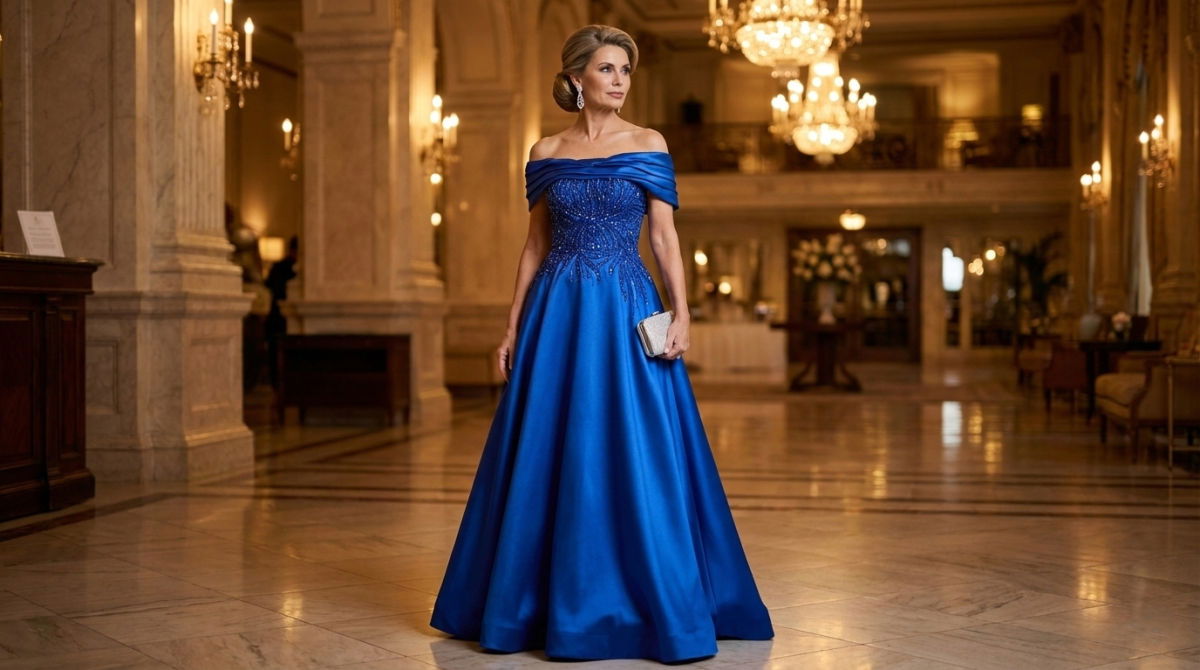 Elegant mother of the groom in a royal blue off-the-shoulder satin ball gown with a beaded bodice, standing in a luxury hotel lobby.