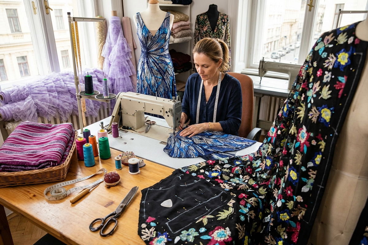 Seamstress working on a blue sequin dress at a sewing machine surrounded by fabric rolls.