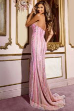 back view of model wearing Jovani D2020 with sequin detailing