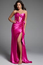 Bold and feminine gown with a metallic sheen and flattering silhouette.