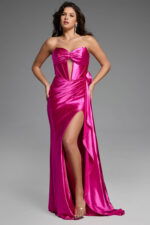 Full-length satin gown with a structured design and flowing back train.