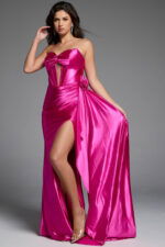 Elegant dress featuring a side drape detail with a rose accent.