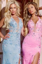 blue and pink high slit dress D5028