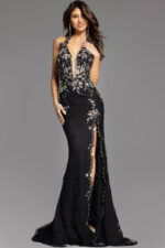 black high slit floral dress D5028