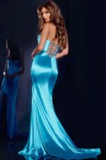 Back view of Jovani D5032 showing lace-up detail on blue gown