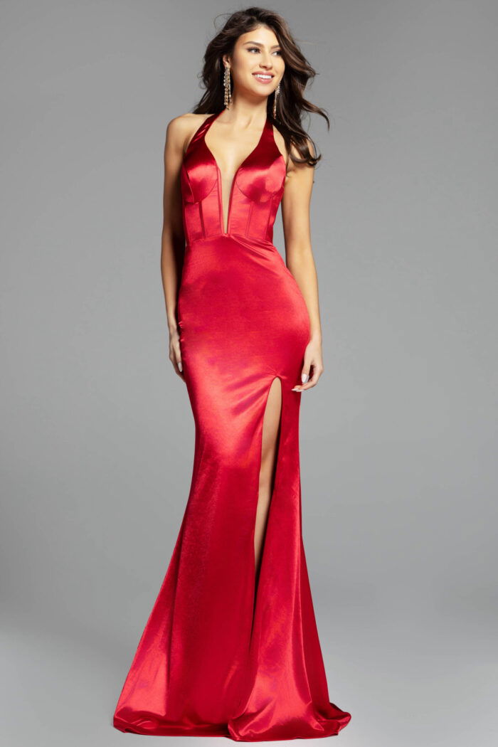 v neckline high slit dress D5032