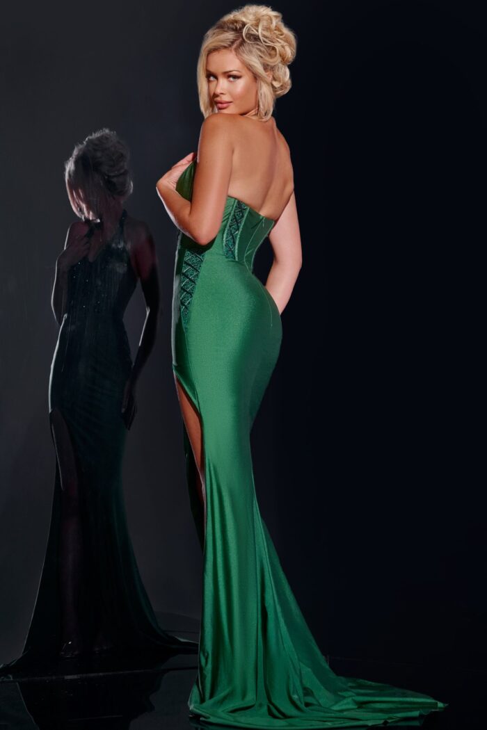 Back view of Jovani D5034 green dress with elegant silhouette.