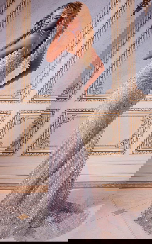 Model wearing D5042 silver gown with intricate detailing back view